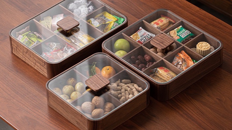 Walnut-look transparent lid fruit box display