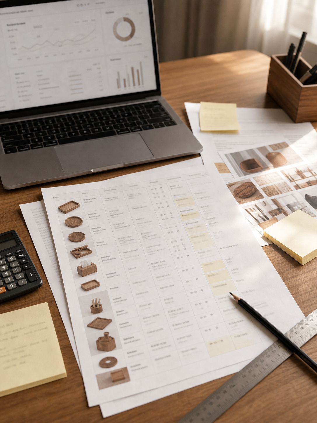 Walnut desktop organizer on a planning desk